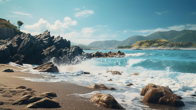 a beach with rocks and the ocean in the background