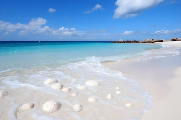 A beach with rocks and the ocean in the background