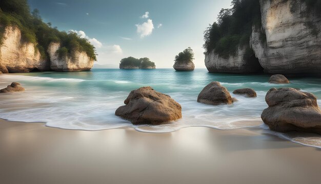 Photo a beach with rocks and the ocean with the ocean in the background