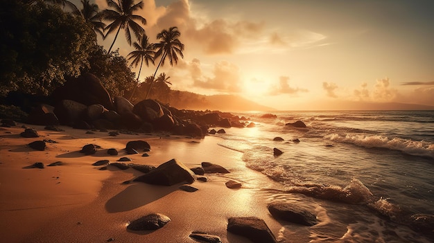 A beach with rocks and palm trees on the shore