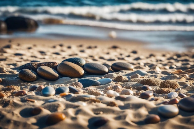 Foto una spiaggia con rocce e ciottoli e una spiaggia col mare sullo sfondo