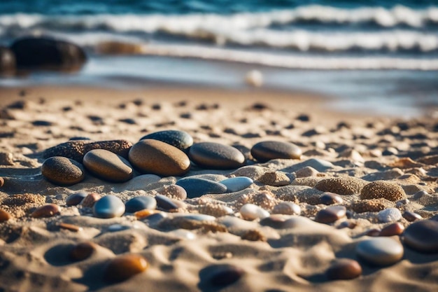 a beach with rocks and pebbles on it and a beach with the ocean in the background