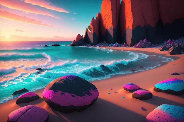 A beach with rocks and a pink sky