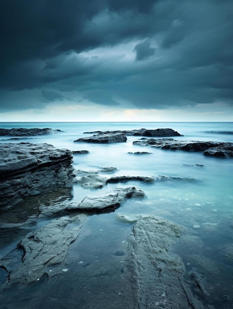 a beach with rocks and a stormy sky