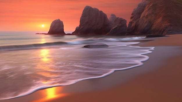 A beach with rocks and a sunset in the background