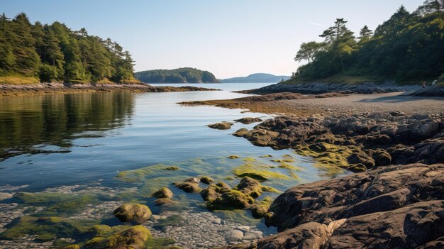 Photo a beach with rocks and trees in the background