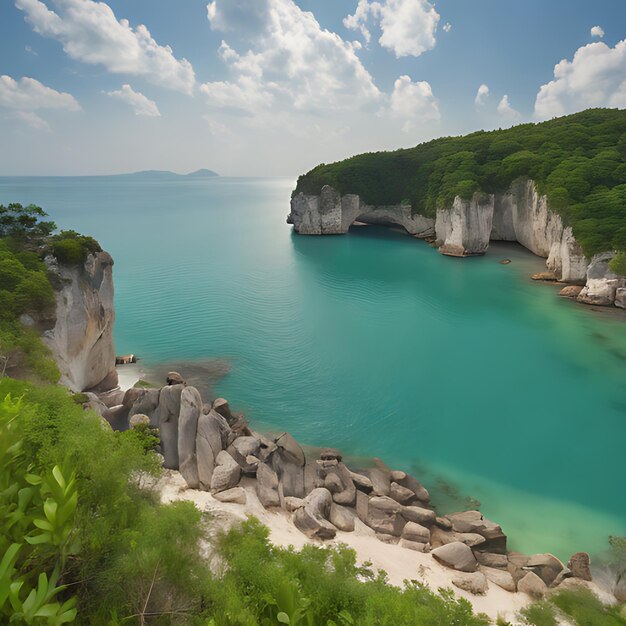 Photo a beach with rocks and trees on the shore