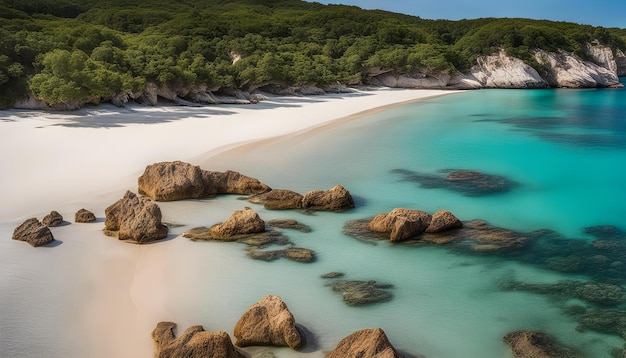 Photo a beach with rocks and water in the foreground and a beach in the background