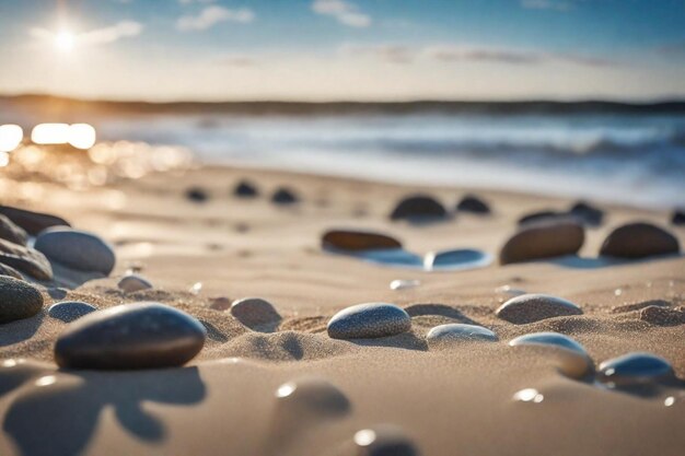 a beach with rocks and water on the sand