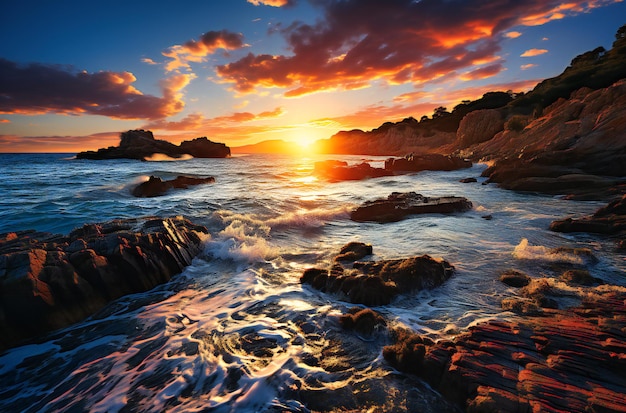 A beach with rocks and water at sunset