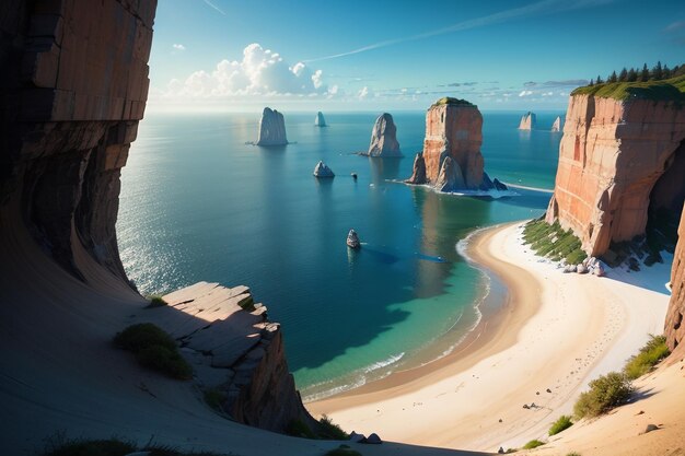 A beach with a rocky shore and a blue ocean in the background