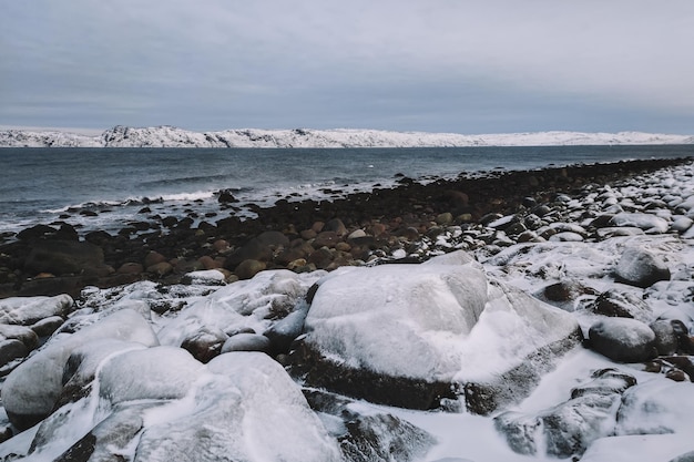 Beach with round stones on a cloudy day Coast of the Arctic Ocean in the vicinity of the village of Teriberka Murmansk region Russia