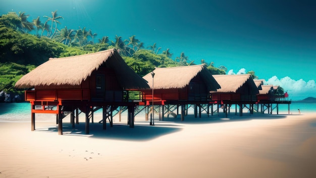 A beach with a row of bungalows on it