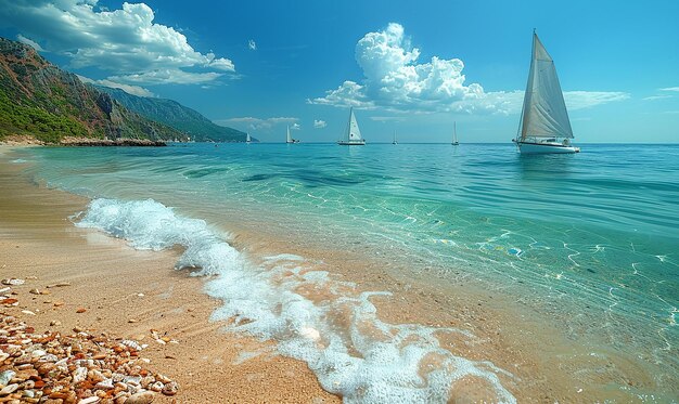 a beach with a sailboat on the water and a sailboat in the distance