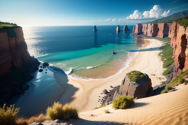 A beach with a sand dune and the ocean in the background