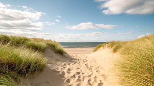 A beach with sand dunes and the sea in the background