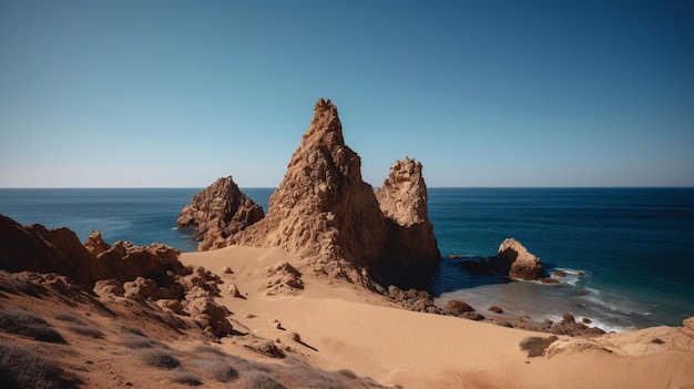 A beach with sand and rocks in the foreground and a blue sky in the background.