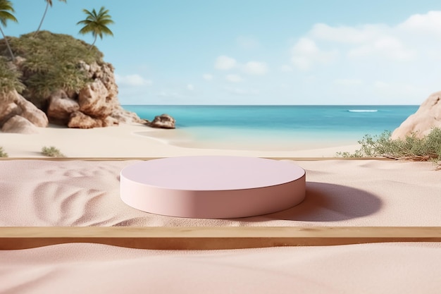 모래와 하늘의 해변 제품 분홍색 포디움 배경