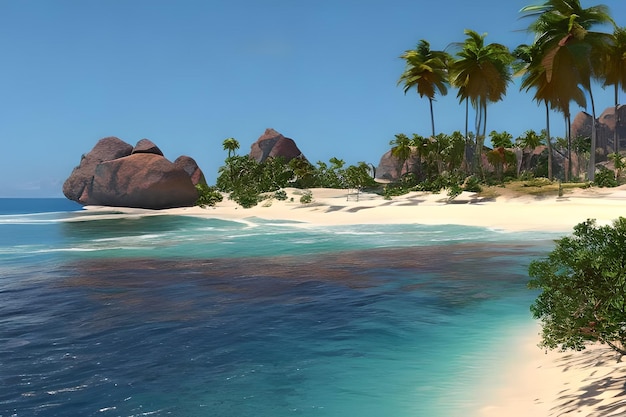 A beach with a sandy beach and palm trees in the background.