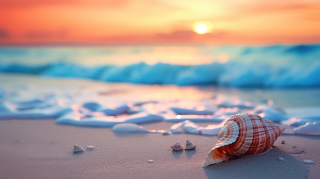 A beach with a shell on the sand ai