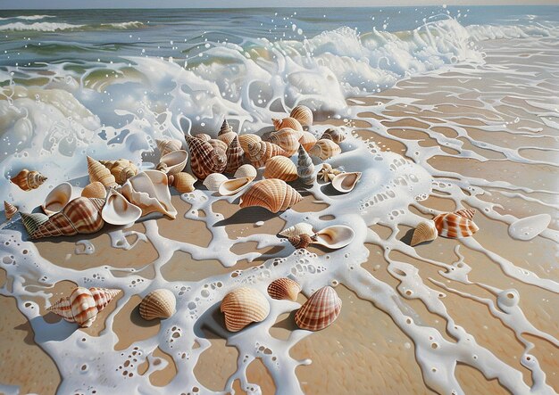 a beach with shells and a hand on the sand