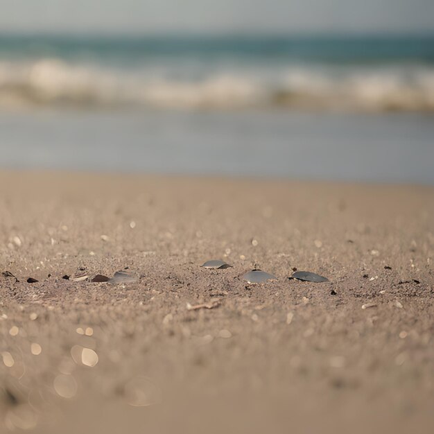 a beach with shells and sand with a bird on it