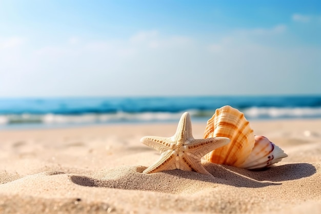 A beach with shells and starfish on it