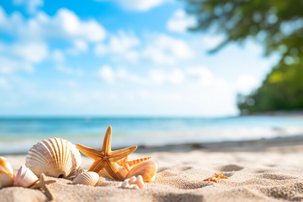 a beach with shells and starfishs on the sand