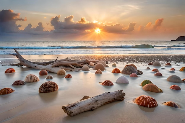 A beach with shells and a sunset in the background