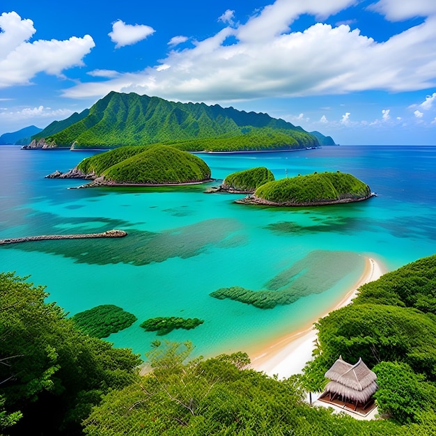 A beach with a small hut on it