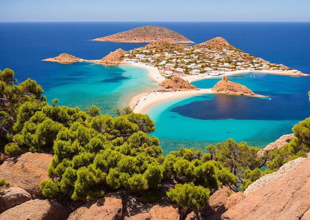 A beach with a small island in the middle