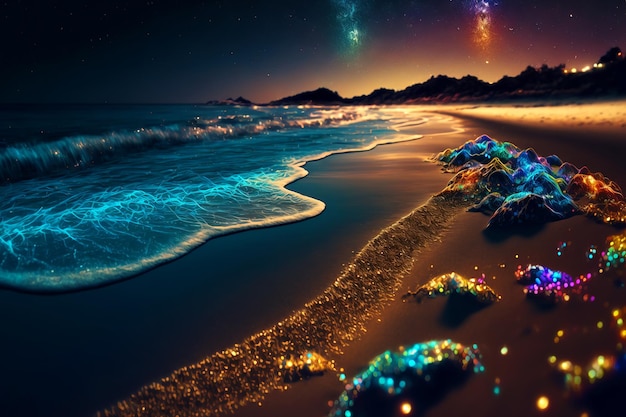 Photo a beach with a starry sky and the ocean.