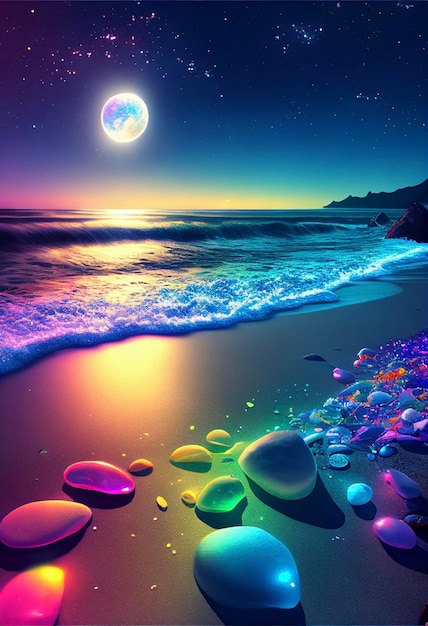 Beach with stones and a full moon in the sky generative ai