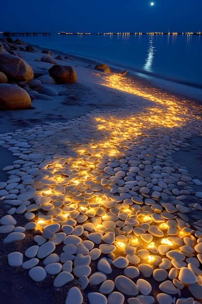 A beach with stones and lights on it