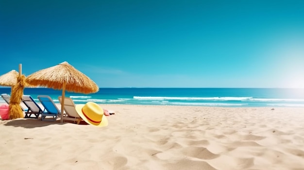 A beach with a straw hat on it