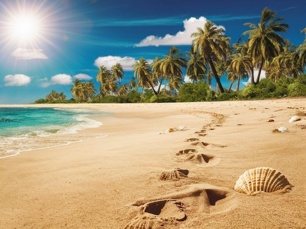 Photo a beach with a sun shining on the sand