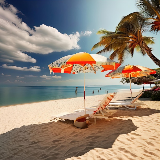 beach with sunbeds and umbrella at sunset