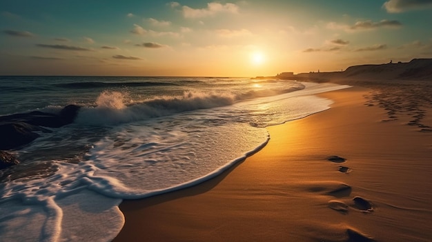 A beach with a sunset in the background