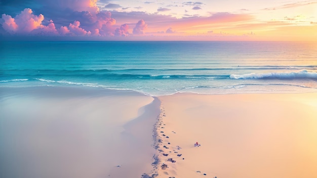 A beach with a sunset in the background