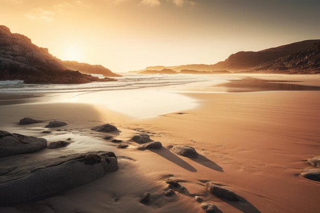 A beach with a sunset in the background