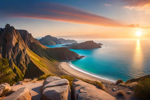 A beach with a sunset in the background