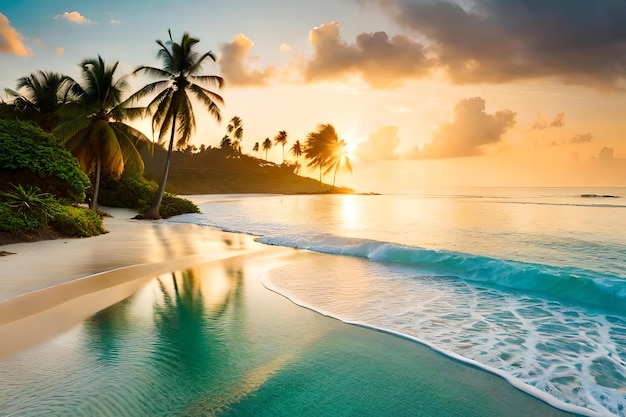 A beach with a sunset in the background