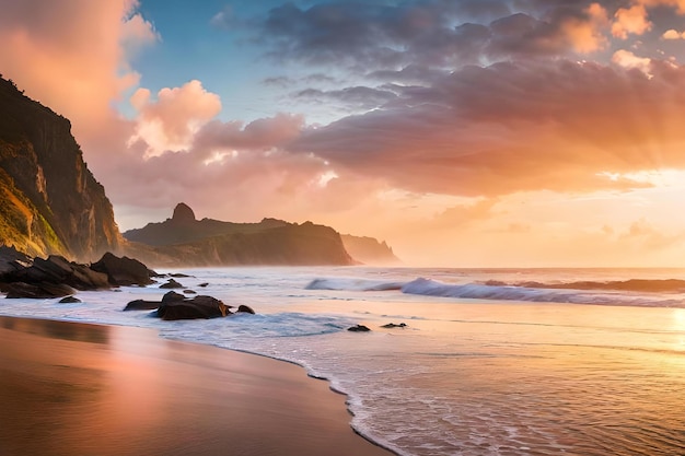 A beach with a sunset in the background