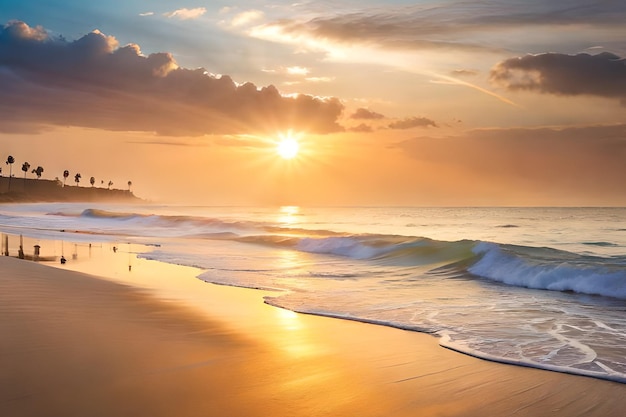 A beach with a sunset in the background