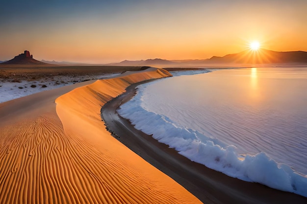 A beach with a sunset in the background