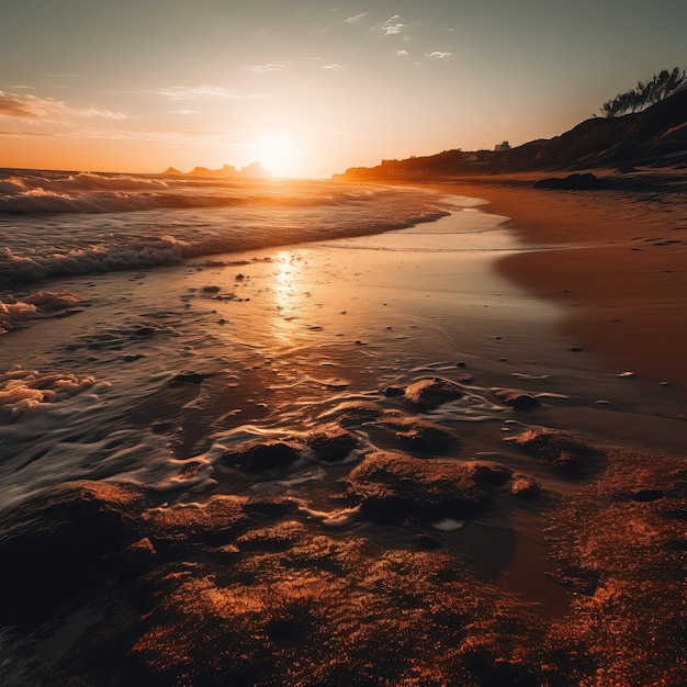 A beach with a sunset in the background