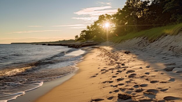 A beach with a sunset in the background