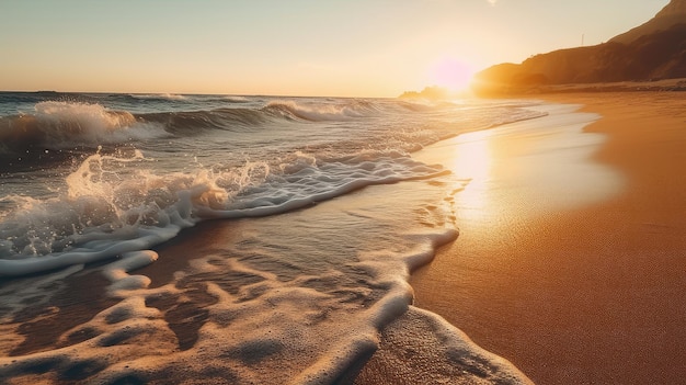 A beach with a sunset in the background