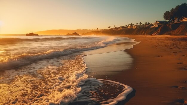 A beach with a sunset in the background