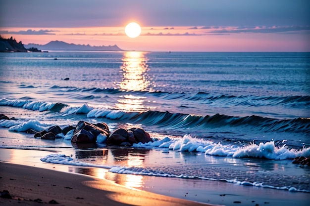 A beach with a sunset in the background